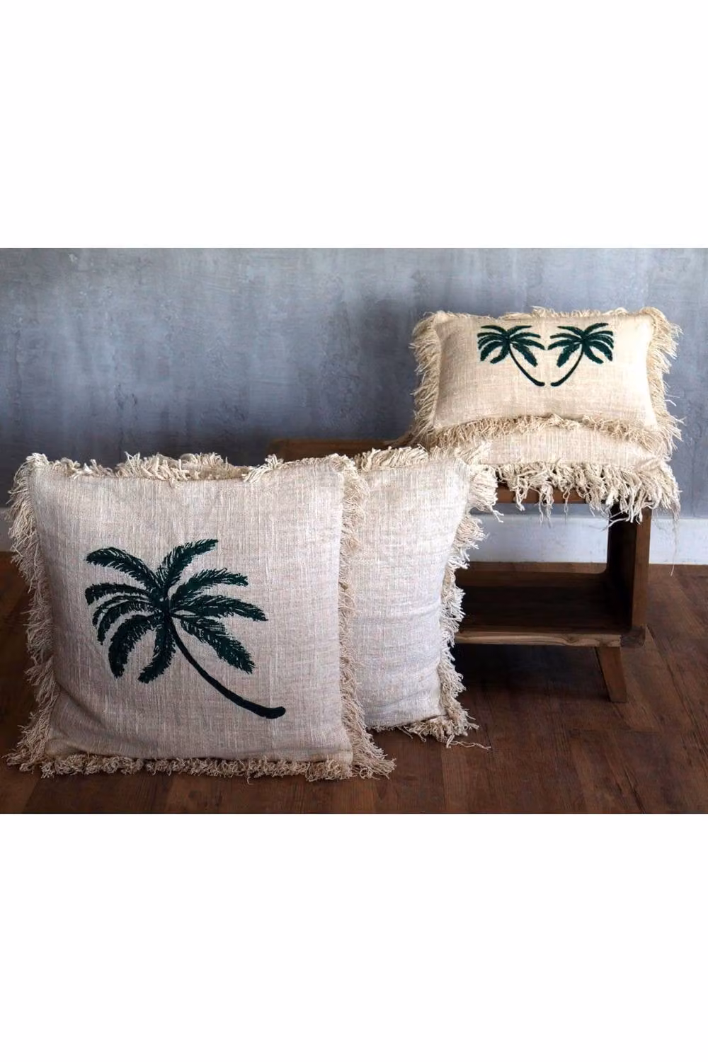 KDMD Linen Palm Tree Cushion Cover with Fringe in Beige, W/D/H: 45 x 45 x 1 cm – 2
