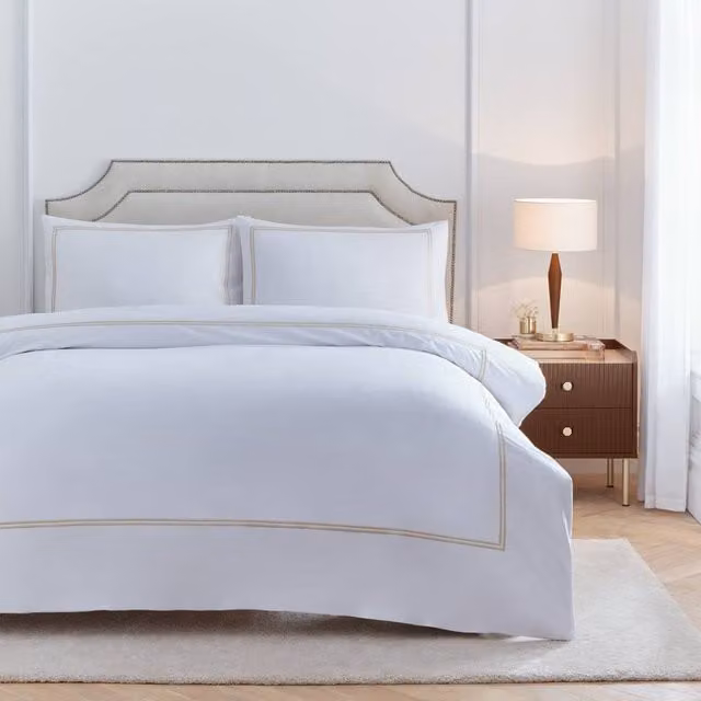 Paoletti Cotton Duvet Cover and Pillowcase Set in Beige and White, W: 140 cm, L: 200 cm