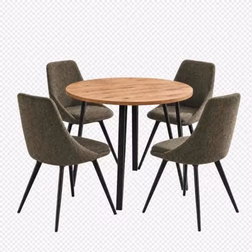 FWStyle Round Oak Dining Table Set with 4 Green Swivel Chairs in Brown, Diameter: 90 cm – 4