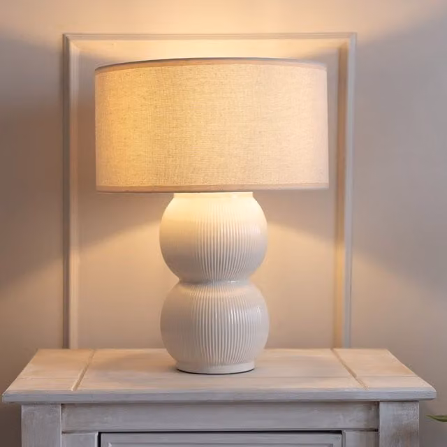 ValueLights Gemma Stacked Ribbed Ceramic Table Lamp with Beige Linen Trimmed Drum Shade and LED Bulb