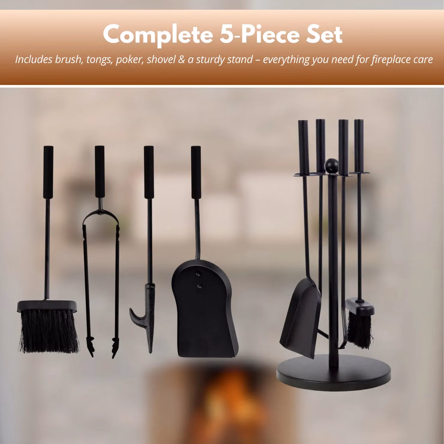 Marco Paul 5pc Fireside Accessory Set with Stand in Black – 5