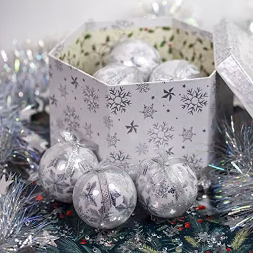 The Christmas Workshop Set of 14 White and Silver Snowflake Glass Christmas Baubles, Diameter: 7.5 cm – 2