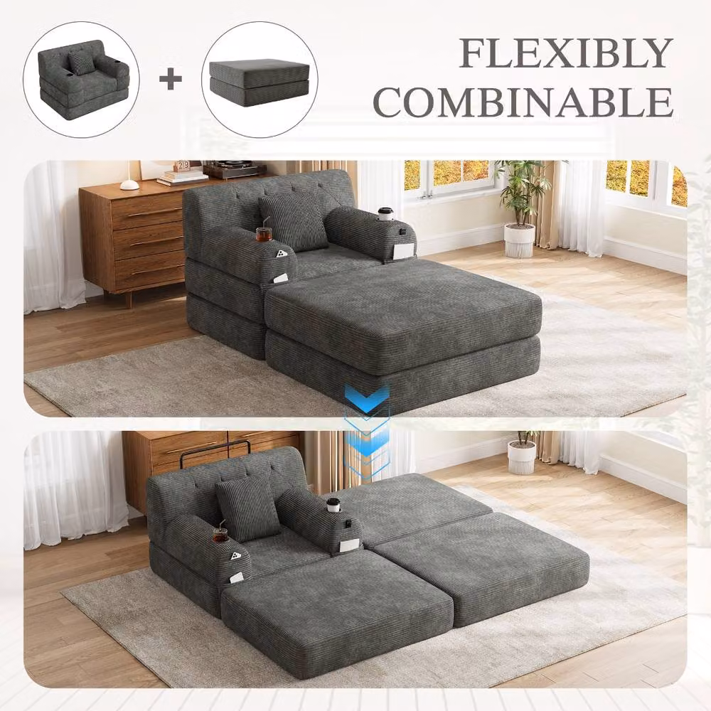 Rolipo Dark Grey Corduroy Fold Out Single Chair Bed with Ottoman – 5