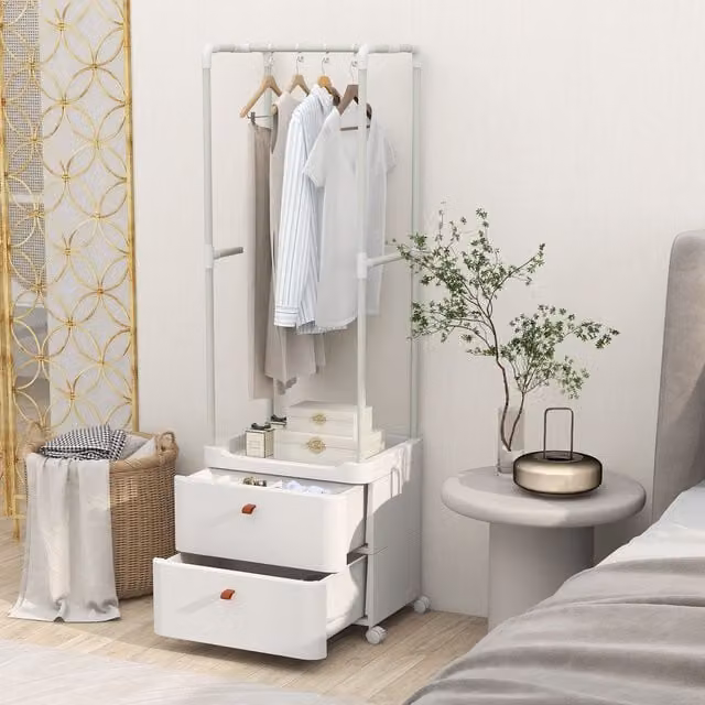 Costway 2 Drawer Clothes Rack Closet Organizer with Hanging Rod and Lockable Wheels in White