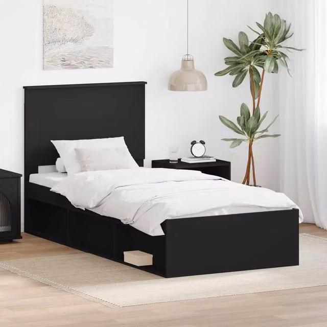 Berkfield Home Modern Bed Frame with Headboard in Black Solid Pine Wood, W/D/H: 100 x 200 cm