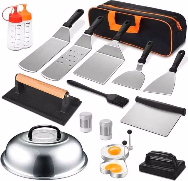 NESTLUNE 17-Piece Stainless Steel and Cast Iron BBQ Tool Set in Silver, W/D/H: 100 x 15 x 15 cm