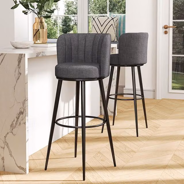 Livingandhome Set of 2 Modern Striped Grey Fabric and Metal Bar Stools