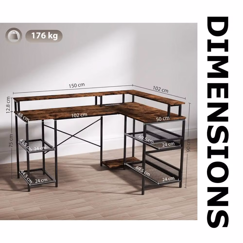 FURNOS Industrial L Shaped Corner Computer Desk with USB Outlets and LED Lights, Brown, W: 150 cm, D: 102 cm, H: 76 cm – 6