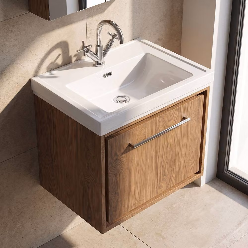 Balterley Wall Mounted Single Drawer Bathroom Vanity Unit with Basin in Antique Oak Brown W/D/H: 63 x 47.1 x 49.7 cm – 3