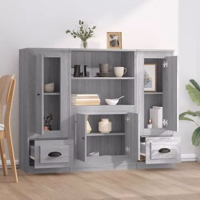 Berkfield Home 3-Piece Smoked Oak Highboard Set in Grey, Engineered Wood – 1