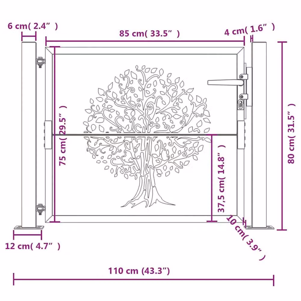 Berkfield Home Garden Gate in Brown Corten Steel with Tree Design, W: 80 cm, H: 105 cm – 4