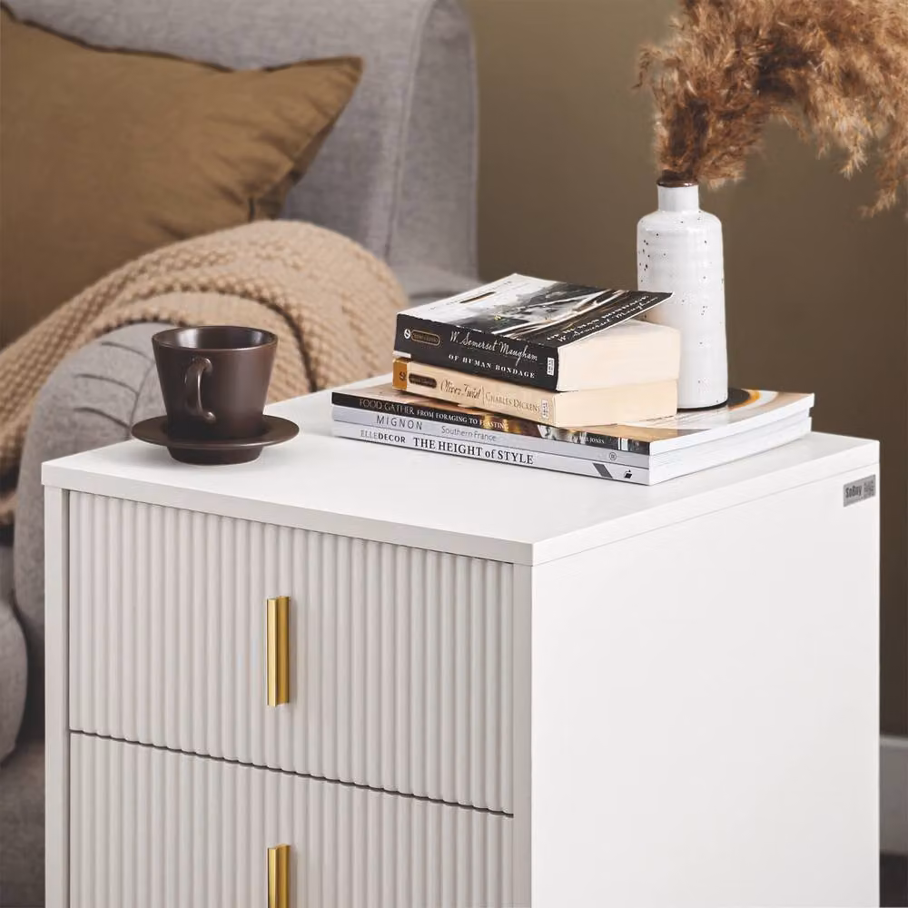 SoBuy Set of 2 White Bedside Tables with 3 Drawers, Ribbed Front and Gold Legs, Height: 63 cm – 3