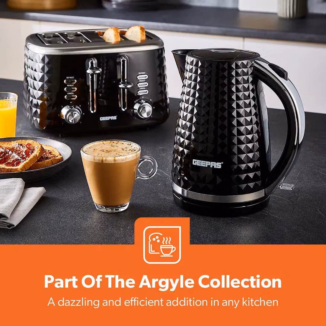 Geepas Argyle Black Kitchen Set including 1.7L Kettle, 4 Slice Toaster and Microwave – 2