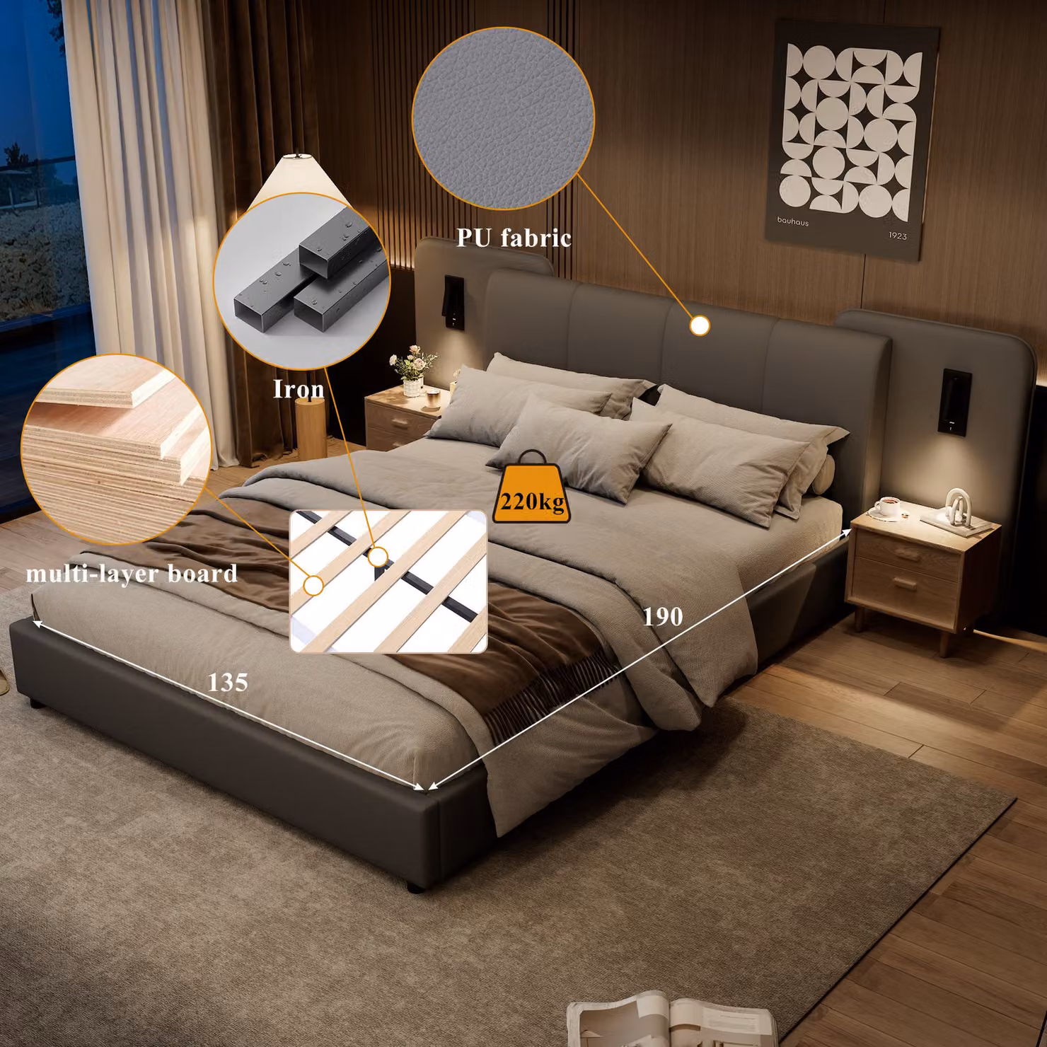 Aosom UK Grey Upholstered Double Bed with USB Charging Port and Under-Bed Lighting, W/D/H: 221 x 209 x 86.5 cm – 4