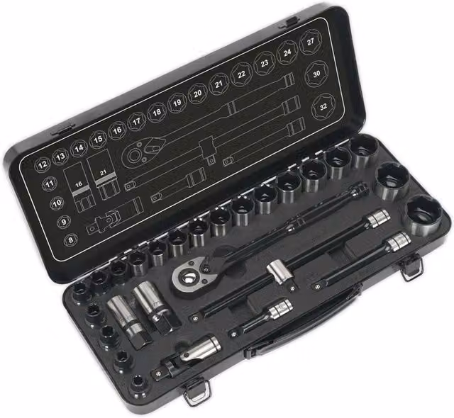 Loops Black Series 28pc Deep Socket and Ratchet Handle Set, 1/2 inch Sq Drive, 6 Point Metric, Chrome Vanadium Steel