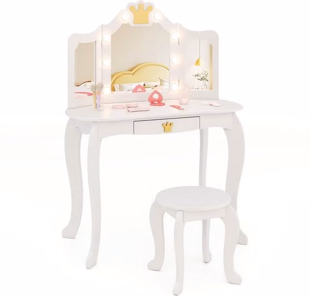 Costway Princess Vanity Table and Chair Set for Children in White