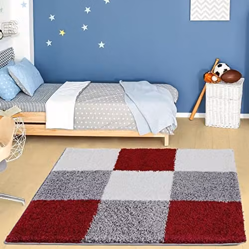 THE RUGS Modern Checked Shaggy Area Rug, Red and Grey, W/D/H: 120 x 120 x 3 cm – 1