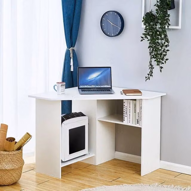 EONLION Small Corner Computer Desk with Shelf in White
