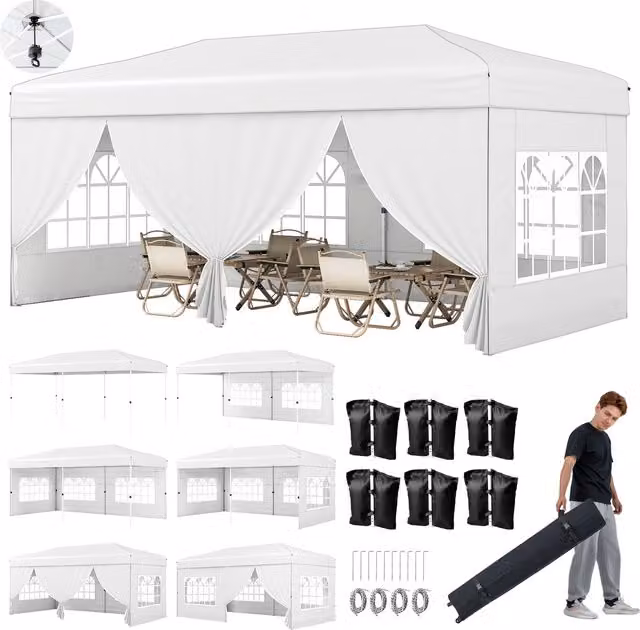 Costway Large Outdoor Pop Up Canopy Tent in White with UPF 50+ Protection and Steel Frame, W: 600 cm x D: 300 cm x H: 250 cm