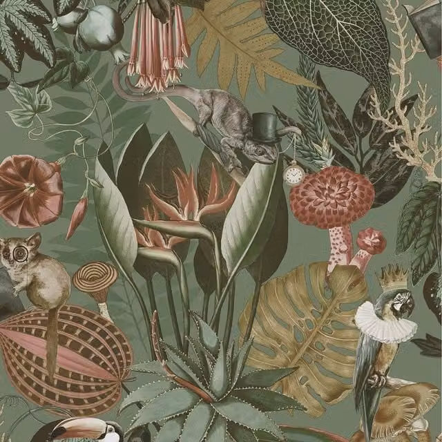 Holden Decor Wonderland Jungle Floral Birds Exotic Palm Leaves Wallpaper in Green