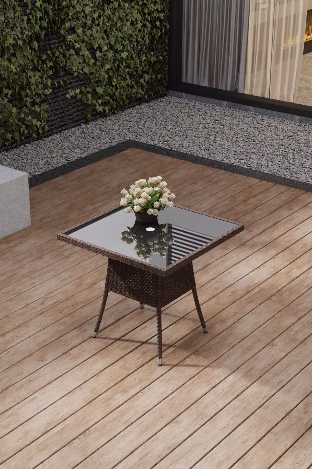 Living and Home Garden Wicker Dining Table with Tempered Glass Top and Parasol Hole in Brown – 4
