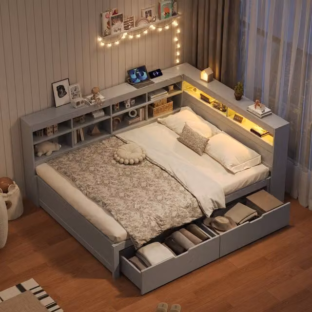 Merax Double Corner Bed Frame in Grey with 2 Drawers, LED Lighting and USB Charging Station, W/D/H: 135 x 190 cm – 1