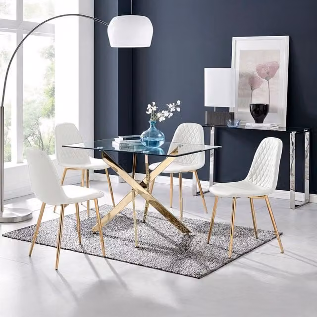 FurnitureboxUK Leonardo Dining Set with Rectangular Glass Table and Four White Corona Gold Leg Chairs