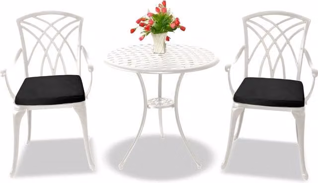 OSHOWA White Metal Outdoor Bistro Set with Table and 2 Chairs featuring Black Cushions, W/D/H: 70 x 70 x 70 cm and Chairs W/D/H: 48.5 x 48.5 x 89 cm