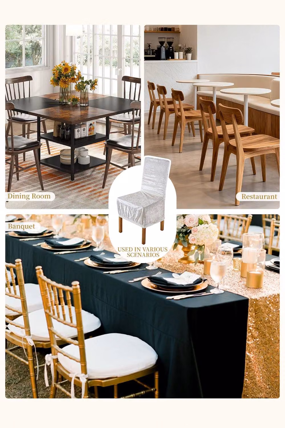 Living and Home Set of 2 White Velvet Dining Chair Covers with Elastic Band – 3