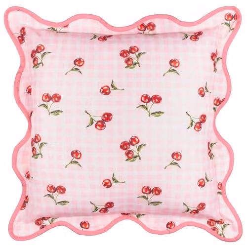 Furn Fruits Cherries Pink Gingham Check Outdoor Cushion, W/D/H: 45 x 45 x 45 cm
