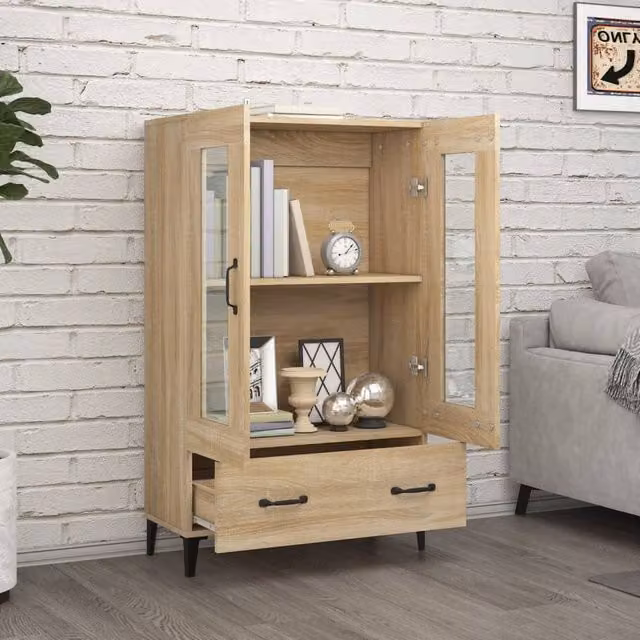 Berkfield Home Sonoma Oak Highboard in Brown with Glass Doors, W/D/H: 70 x 31 x 115 cm