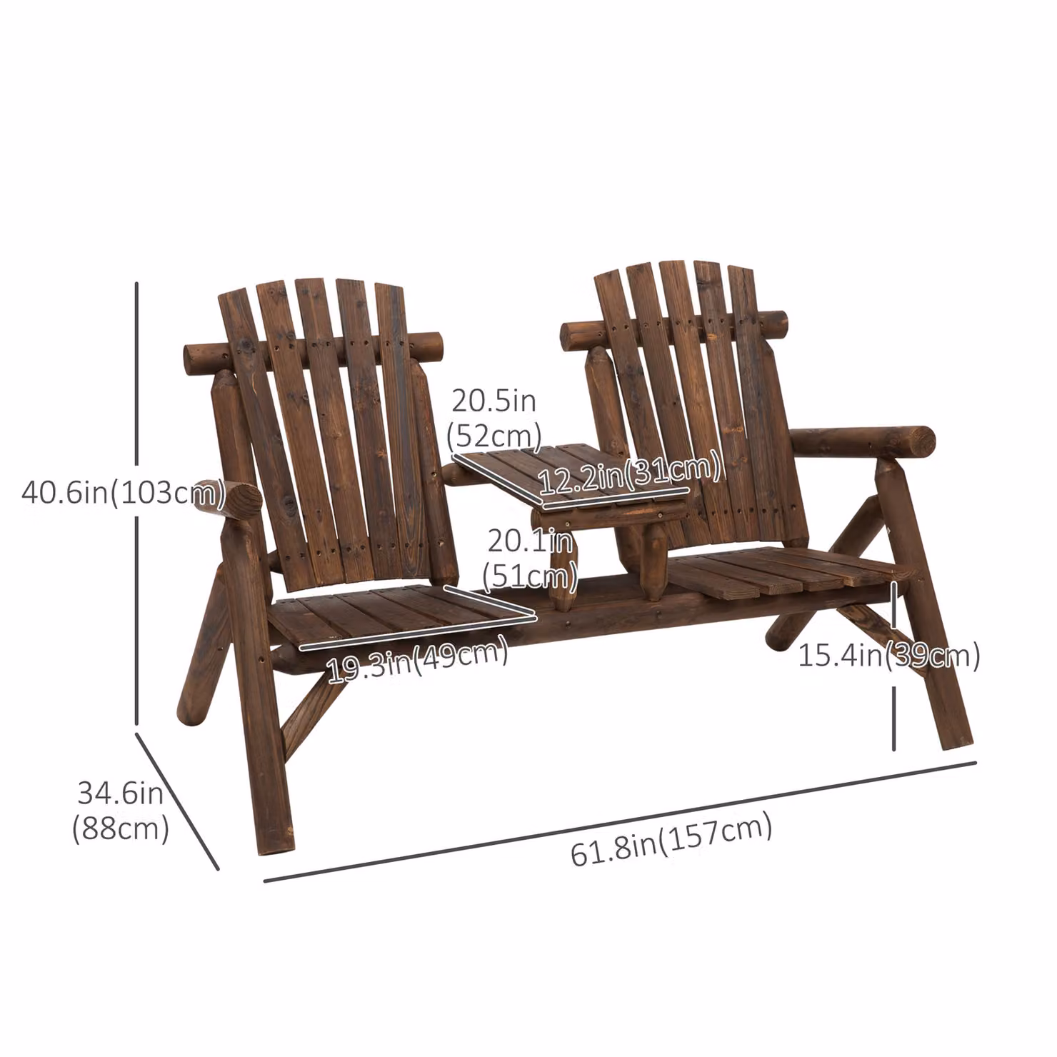 Outsunny Carbonised Wood Patio Bench for 2 People with Central Coffee Table in Brown – 3