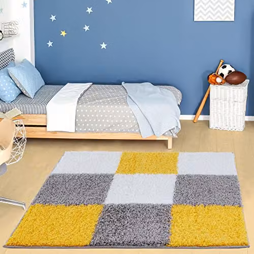 THE RUGS Modern Checked High Pile Shaggy Area Rug, Yellow and Grey, W/D: 120 x 120 cm – 1