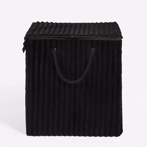 OHS Collapsible Ribbed Faux Fur Laundry Basket with Lid and Rope Handles, Black, W: 45 cm, D: 49 cm, H: 31 cm – 7