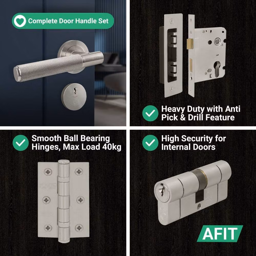 AFIT Satin Nickel Euro Lock Double Cylinder Door Handle in Silver, 150 x 150 mm – 6