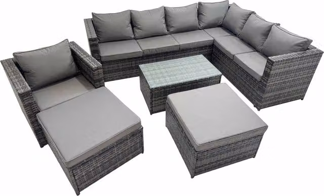 Fimous 9-Seat L-Shaped Rattan Garden Sofa Set with Coffee Table and Ottoman in Dark Grey Mixed