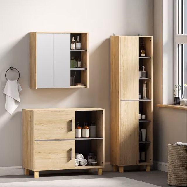 HOMCOM Tall Brown Scandinavian Bathroom Cabinet with Mirror and Internal Shelves