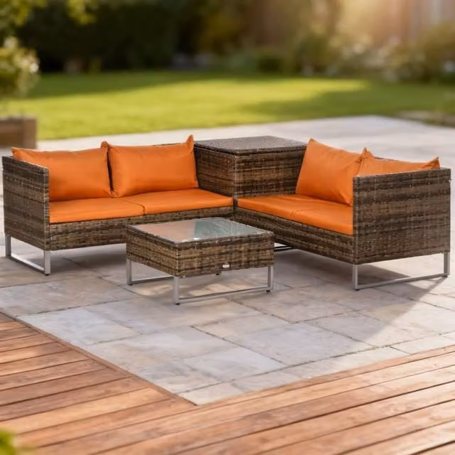 ERGOVEXA 4 Piece L-Shape Rattan Garden Furniture Set with Orange Upholstered Cushions and Coffee Table – 1