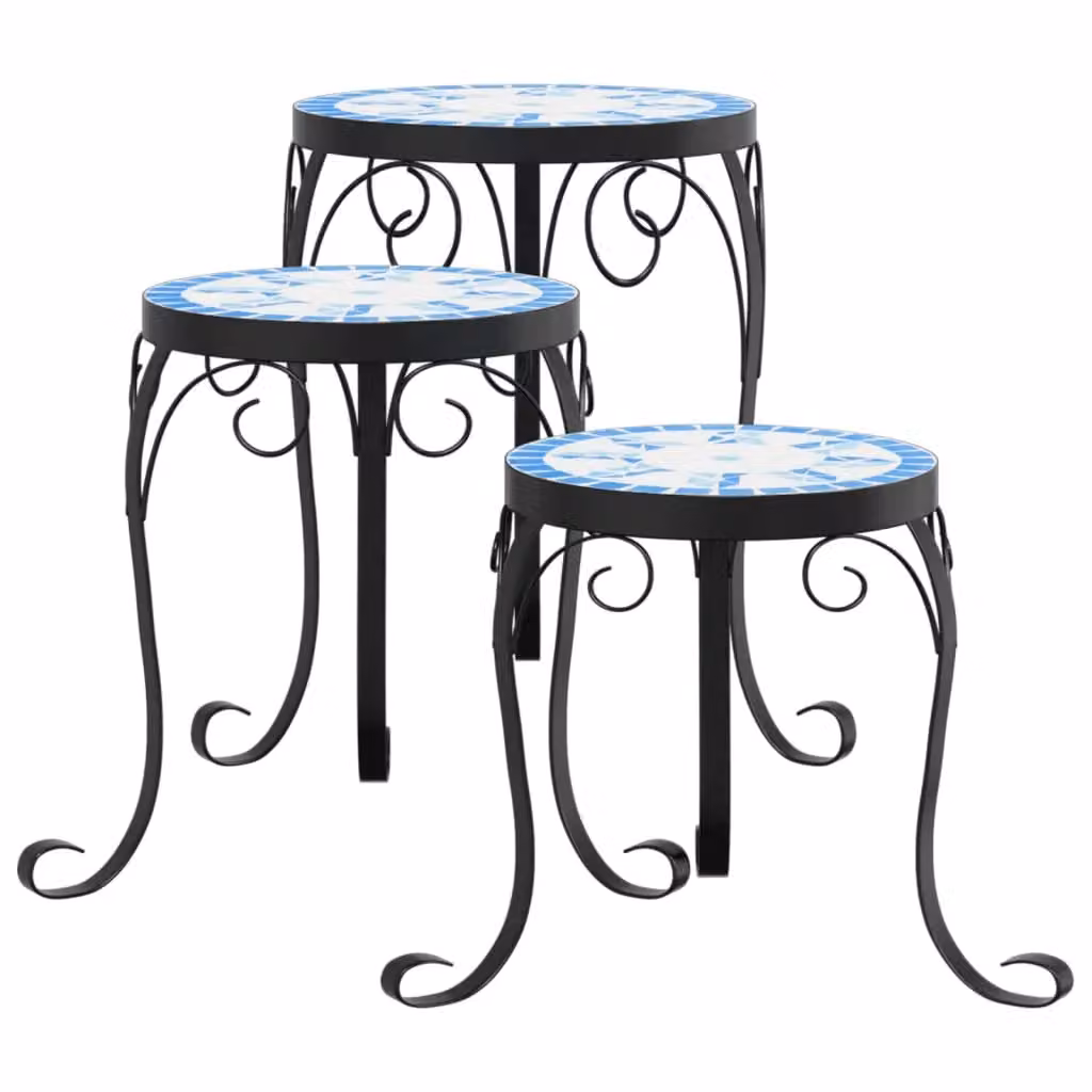 Berkfield Home Set of 3 Mediterranean Blue and White Glossy Ceramic and Metal Tabletop Plant Stands – 2