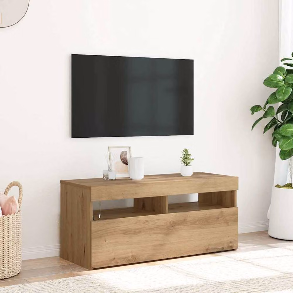 Berkfield Home Artisan Oak TV Cabinet with LED Lights in Brown, W/D/H: 90 x 35 x 40 cm – 2