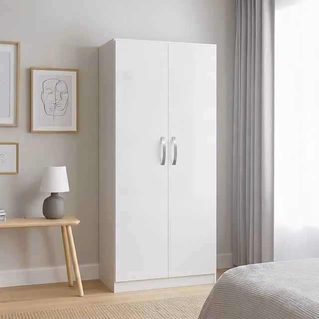 HD Designs Hulio 2 Door Wardrobe in White Glossy MDF, H 170 cm x W 76 cm x D 47 cm – 1