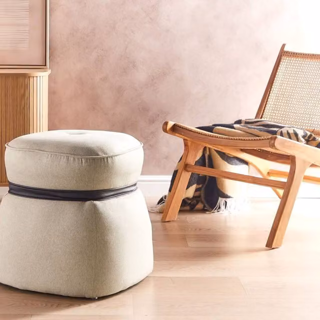 Wyld and Coco Living Beige Linen Round Pouffe, Diameter: 45 cm, Height: 44 cm – 1