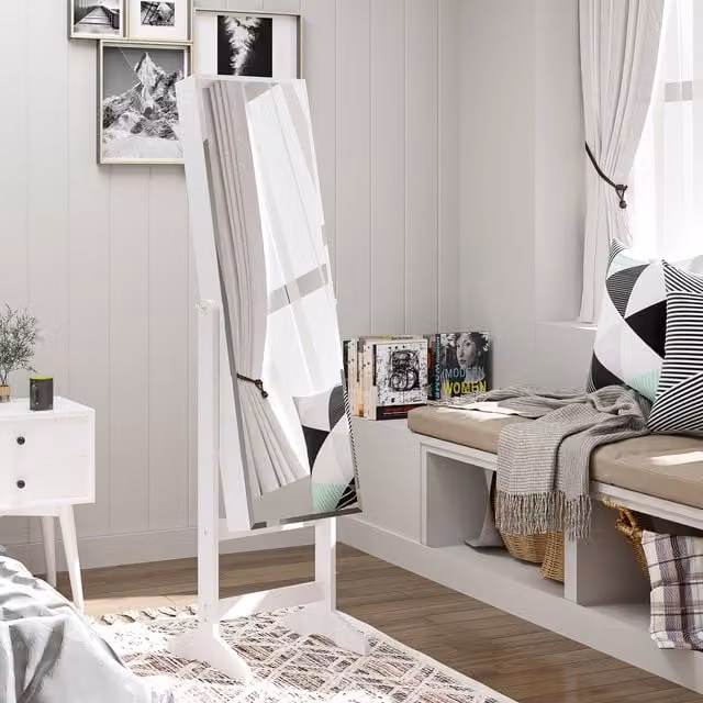 HOMCOM Lockable Freestanding Jewellery Cabinet with Full Length Mirror and Internal Shelves in White