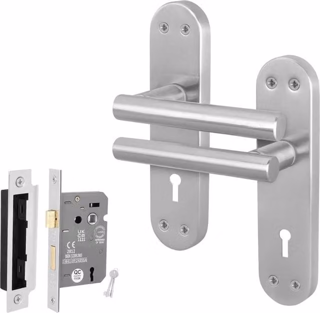 AFIT Satin T-Bar Door Handle and Sashlock Backplate Set, 1 Pair, Silver, W/D/H: 15 x 15 x 1.5 cm
