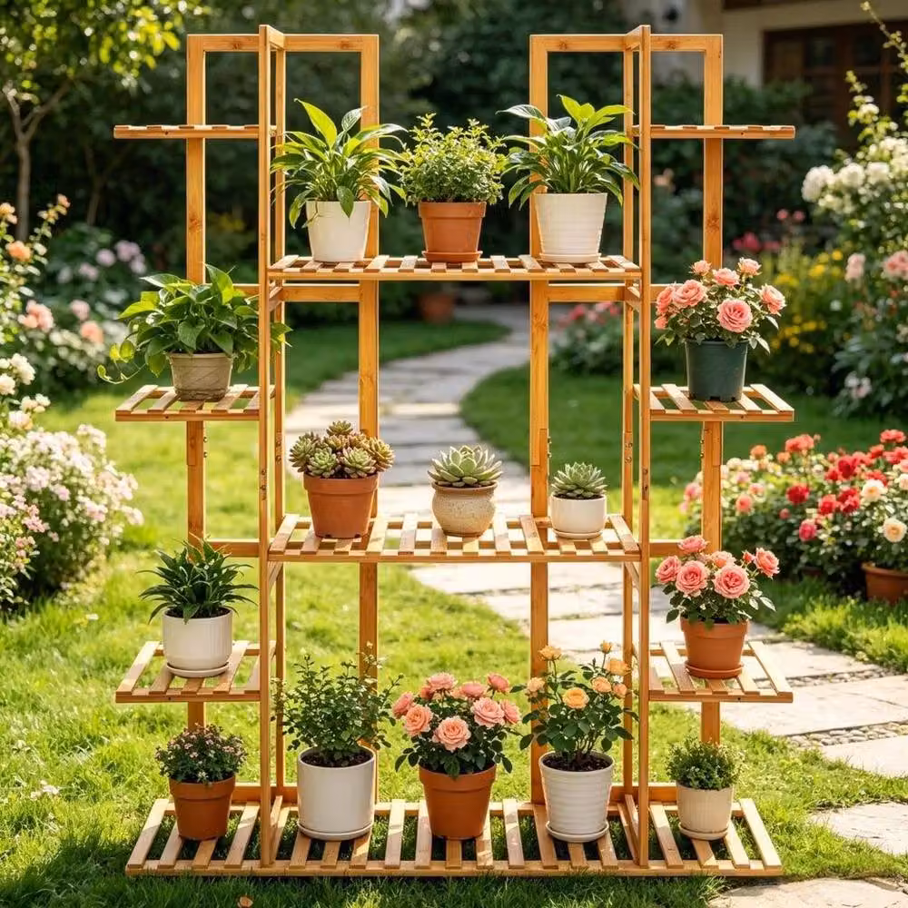 EONLION 17-Tier Brown Bamboo Potted Plant Stand Rack for Indoor and Outdoor Use, W/D/H: 123 x 89 x 20 cm – 4