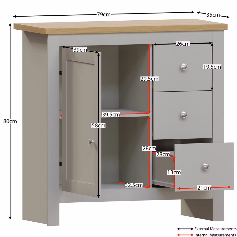 HD Designs Arlington 3 Drawer 1 Door Sideboard in Grey, W: 80 cm, H: 79 cm, D: 35 cm – 2