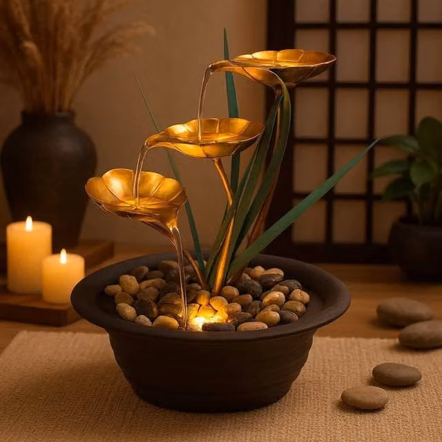 SPETLEK Modern Round Metal Tabletop Indoor LED Water Feature in Brown