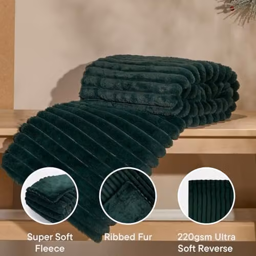OHS Green Faux Fur Ribbed Fleece Throw Blanket, W/D/H: 125 x 150 cm – 3