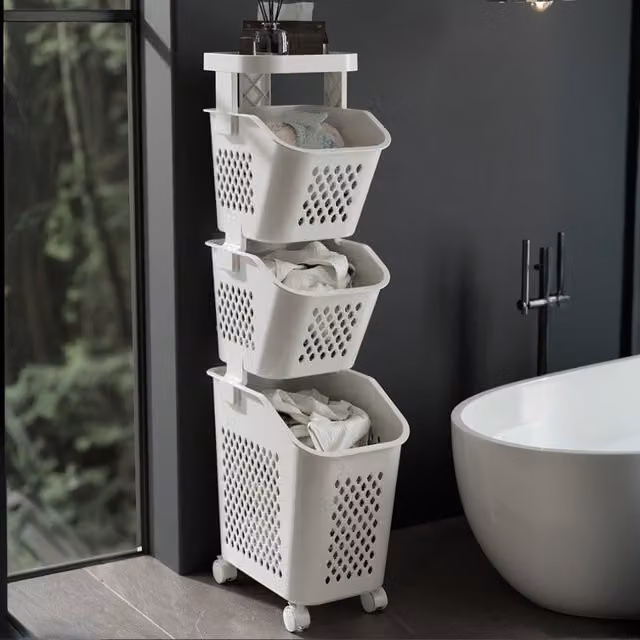 Livingandhome 3-Tier Plastic Laundry Basket Storage Rack with Wheels in Grey and White