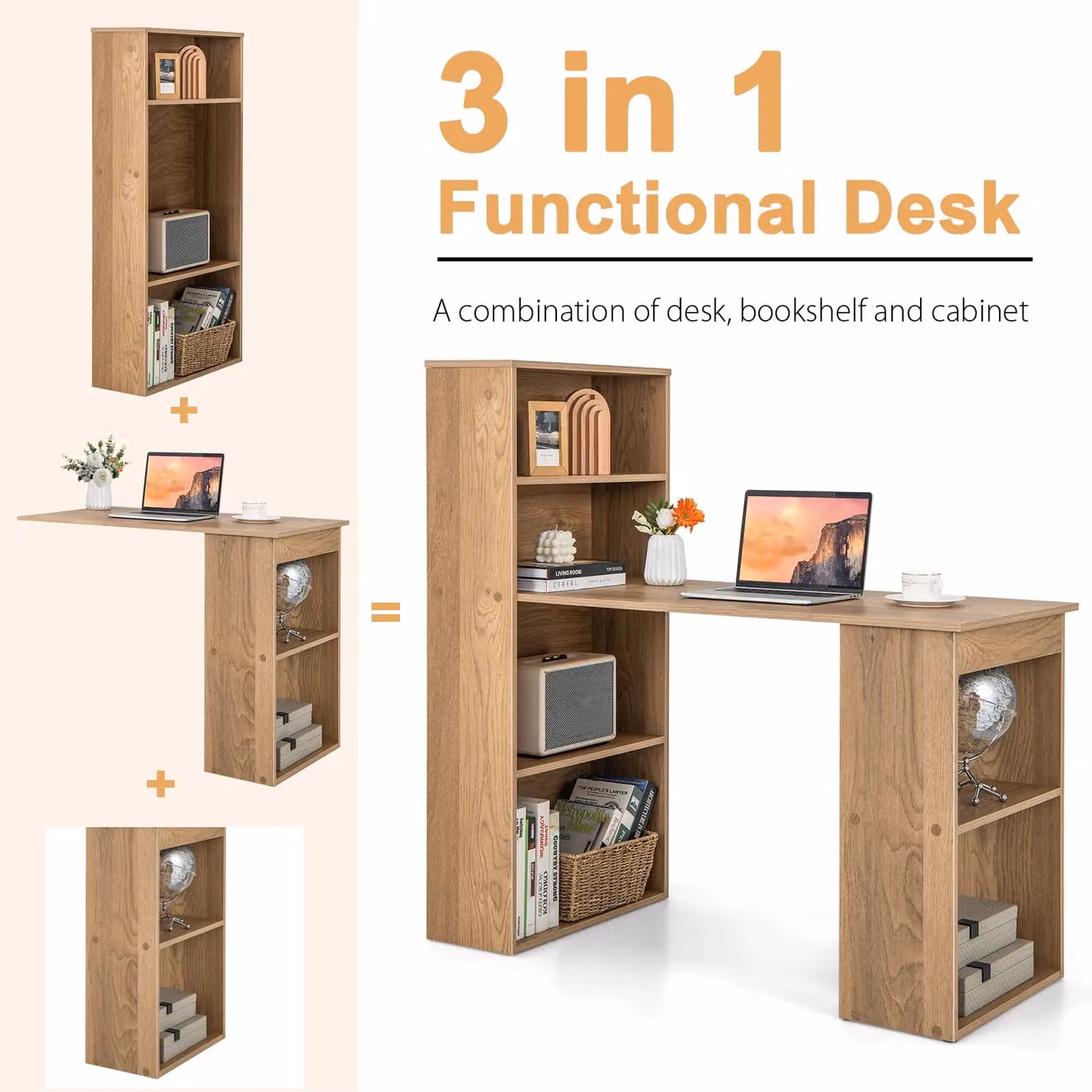 Costway Modern Computer Desk with 6-Tier Bookcase and Storage Shelves, Brown – 4